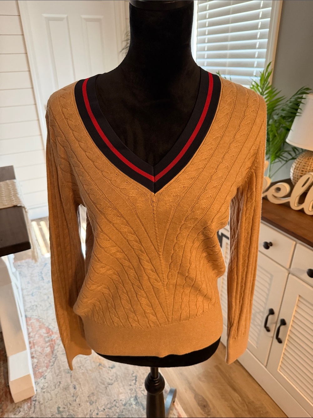 Tommy Hilfiger Camel V-Neck Cable Knit Sweater with Contrast Trim